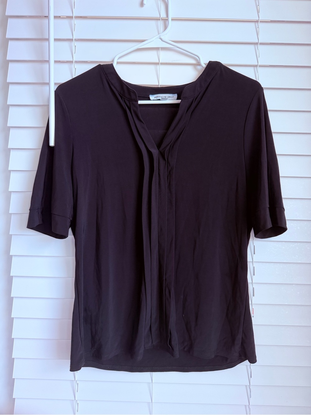PerSeption Concept Black Short Sleeve V-Neck Blouse with Front Pleat